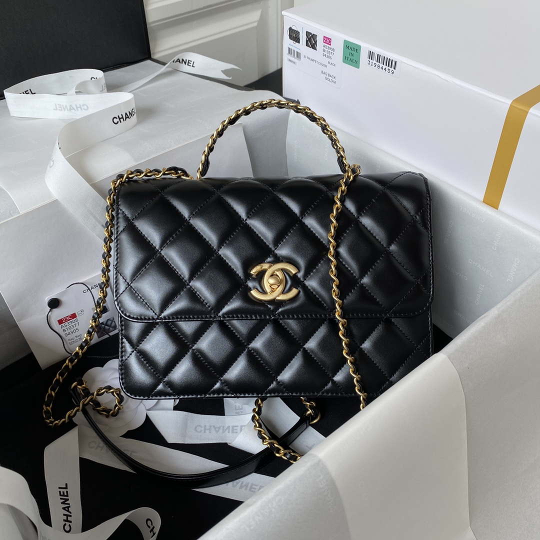Chanel AS3908 CC Small Flap Bag With Top Handle Shiny Calfskin Black Gold - Default Title - View 1