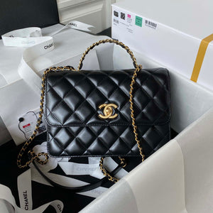 Chanel AS3908 CC Small Flap Bag With Top Handle Shiny Calfskin Black Gold - Default Title - View 1