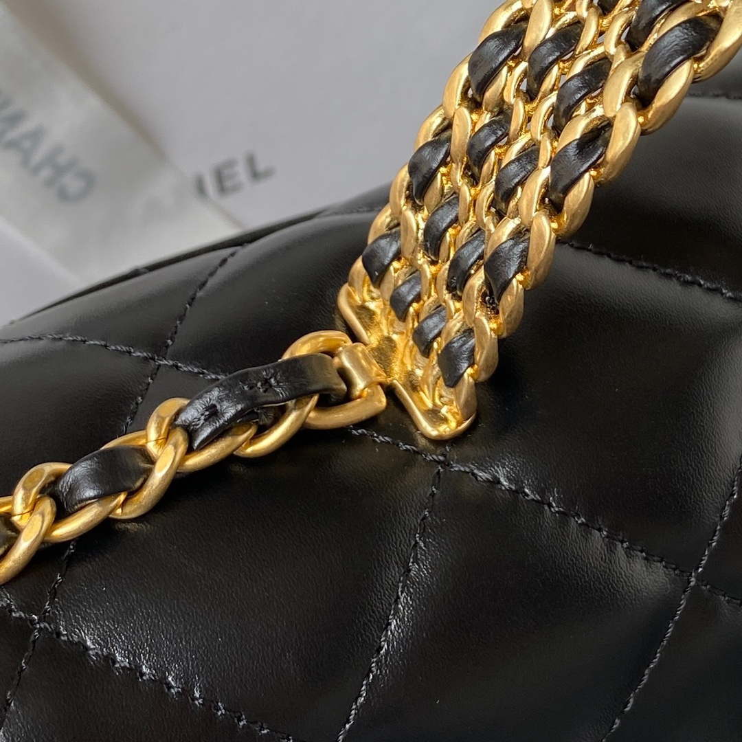 Chanel AS3908 CC Small Flap Bag With Top Handle Shiny Calfskin Black Gold