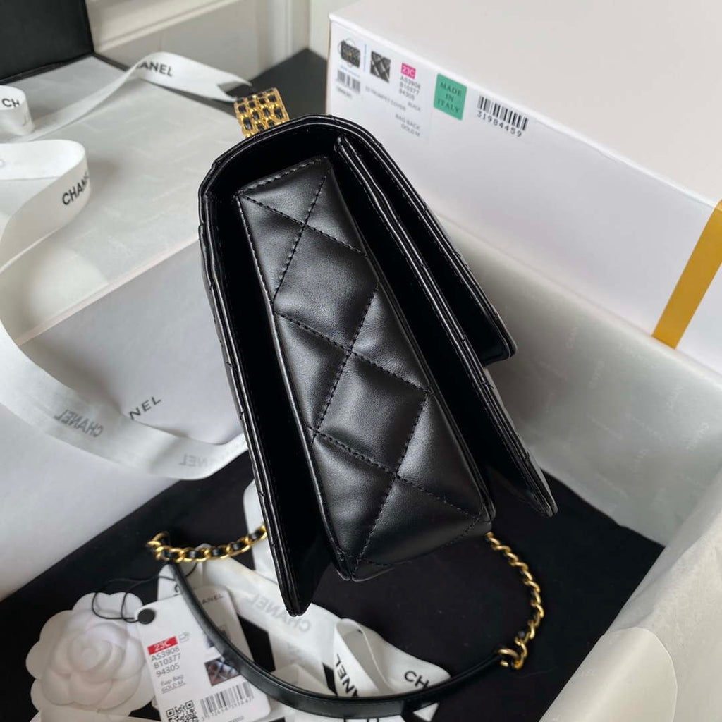 Chanel AS3908 CC Small Flap Bag With Top Handle Shiny Calfskin Black Gold