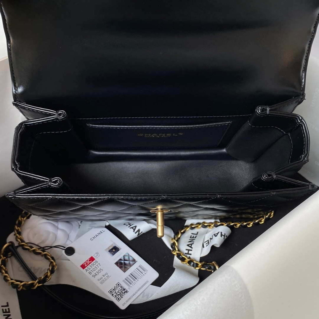 Chanel AS3908 CC Small Flap Bag With Top Handle Shiny Calfskin Black Gold