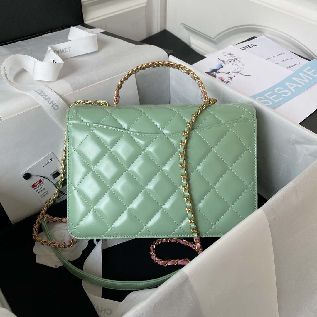 Chanel AS3908 CC Small Flap Bag With Top Handle Shiny Calfskin Green Gold