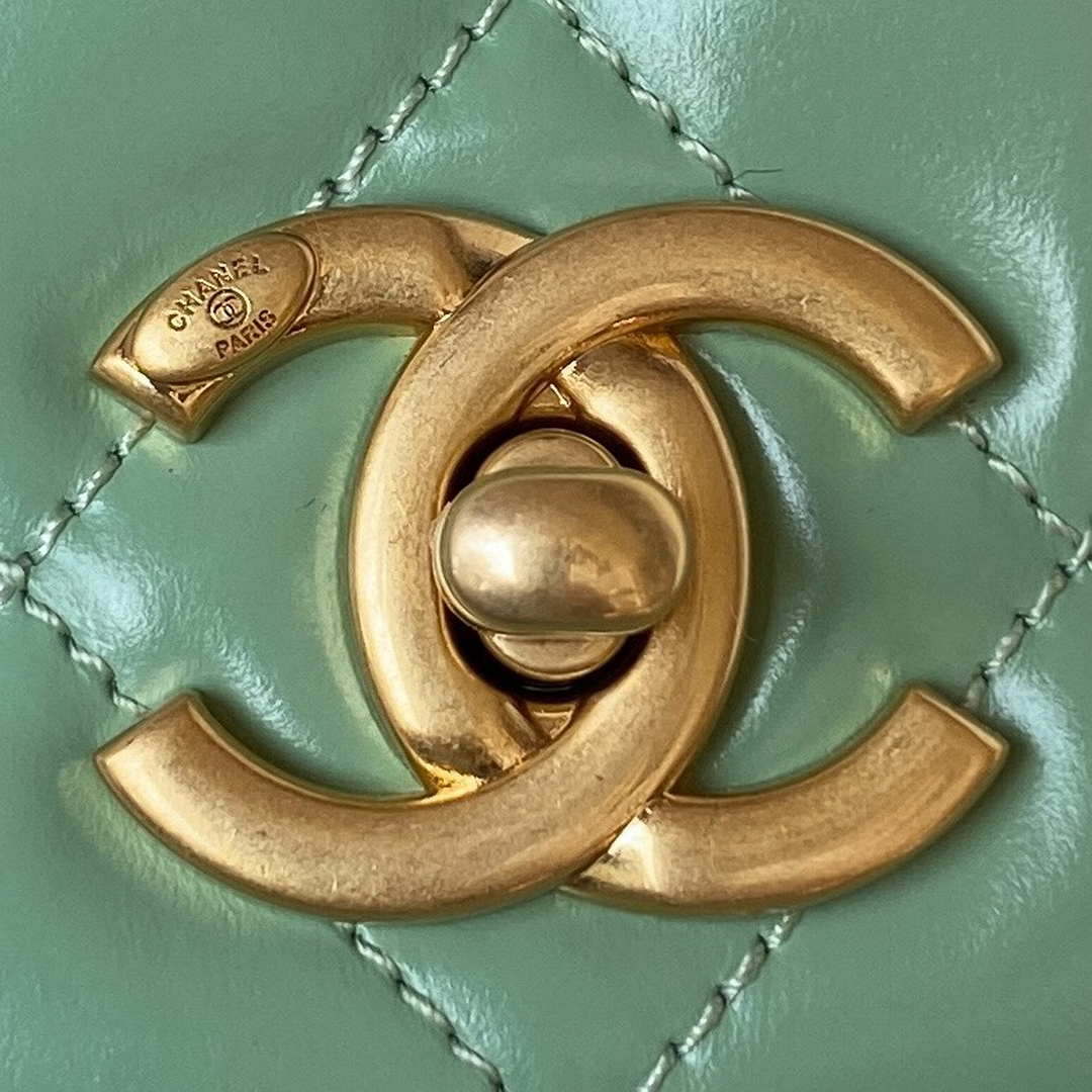 Chanel AS3908 CC Small Flap Bag With Top Handle Shiny Calfskin Green Gold - Default Title - View 3