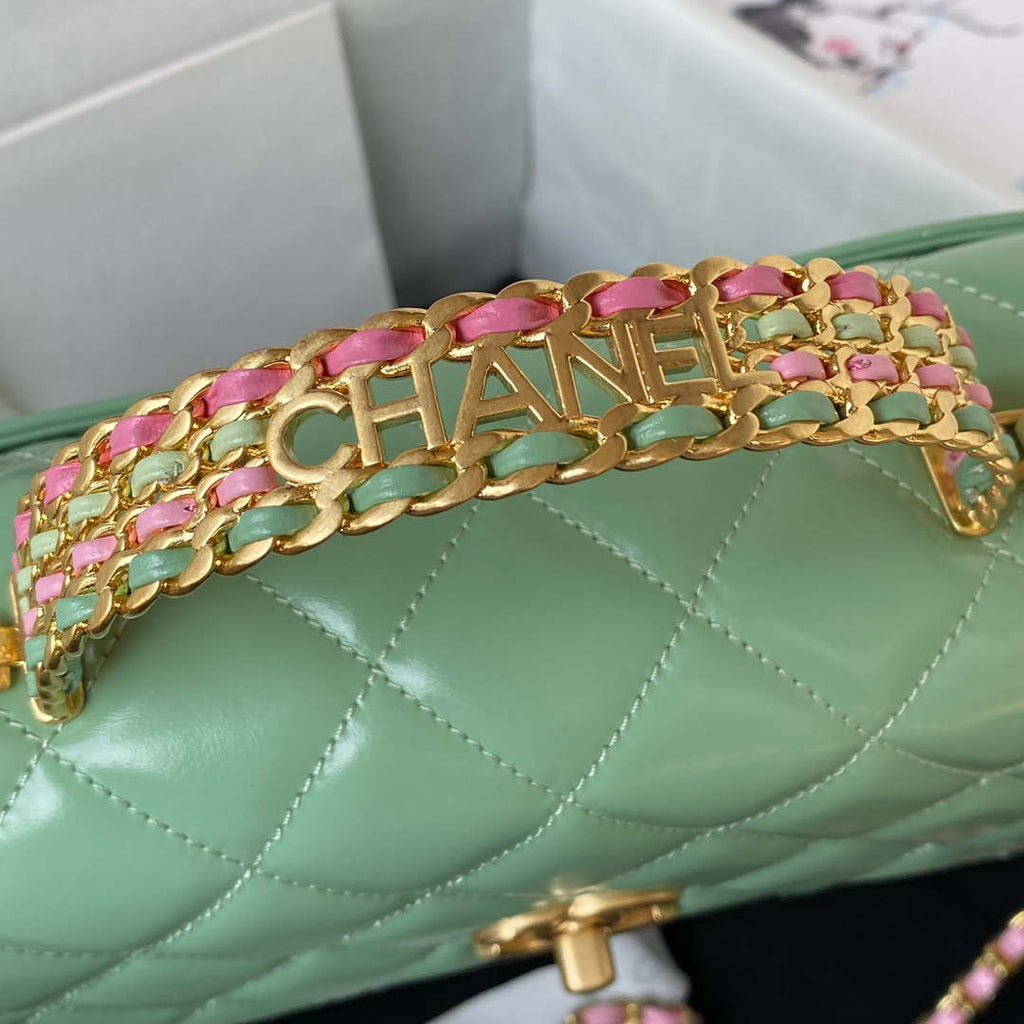 Chanel AS3908 CC Small Flap Bag With Top Handle Shiny Calfskin Green Gold