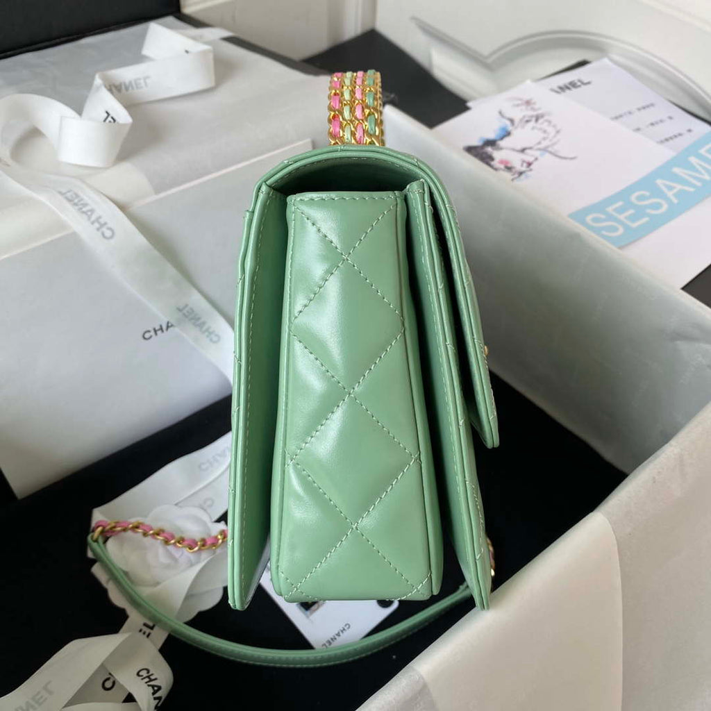 Chanel AS3908 CC Small Flap Bag With Top Handle Shiny Calfskin Green Gold