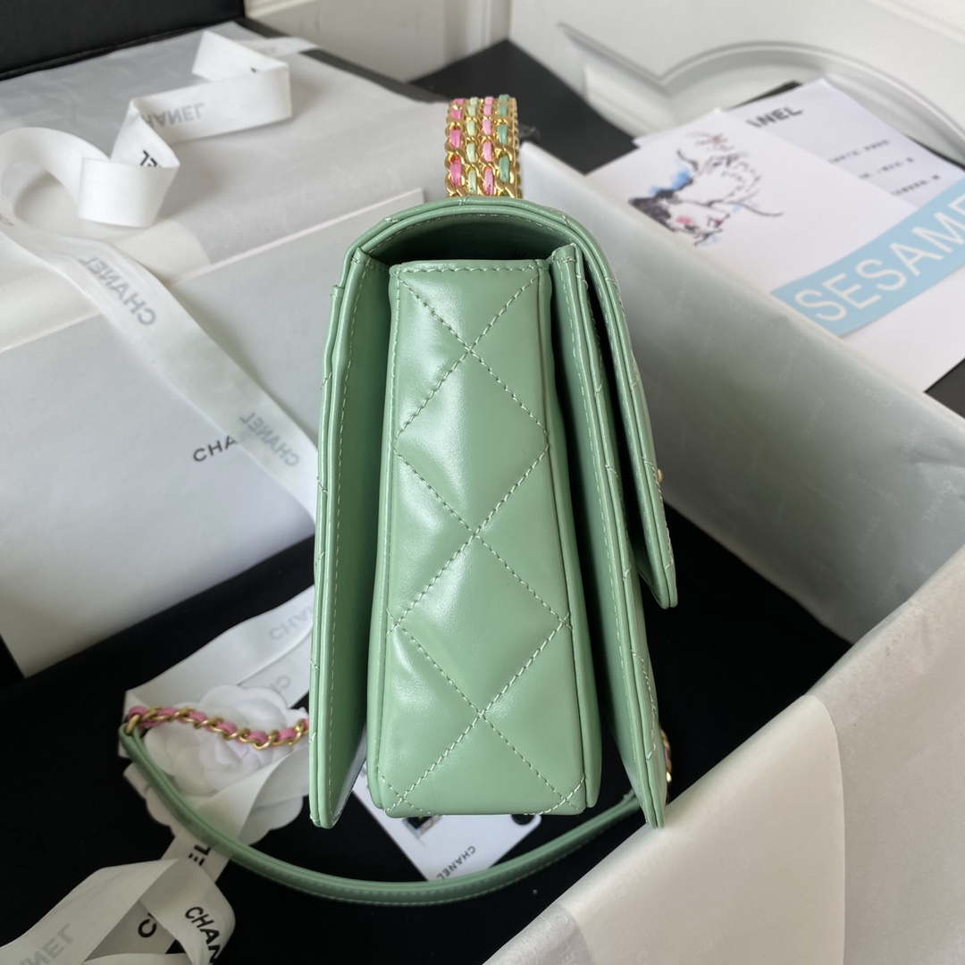 Chanel AS3908 CC Small Flap Bag With Top Handle Shiny Calfskin Green Gold