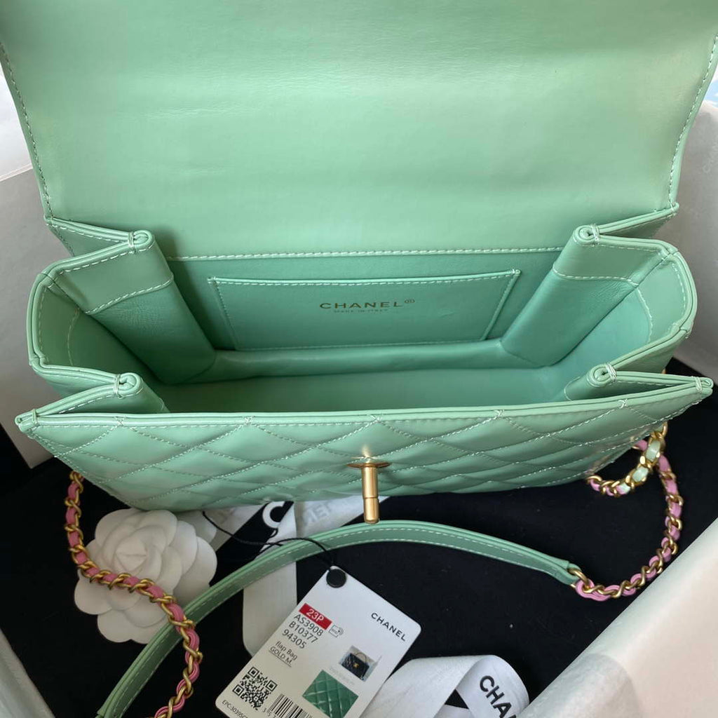 Chanel AS3908 CC Small Flap Bag With Top Handle Shiny Calfskin Green Gold