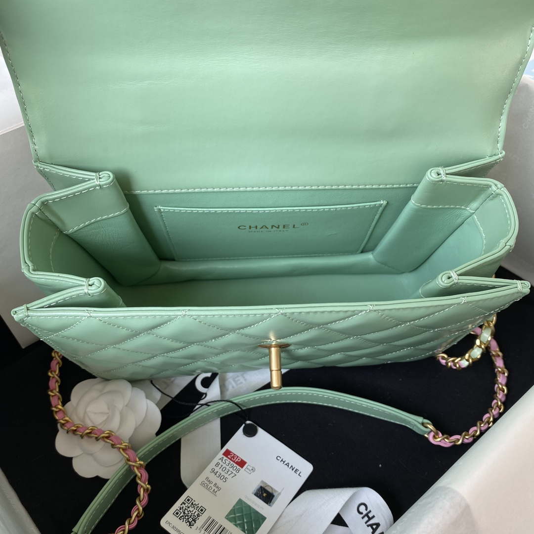 Chanel AS3908 CC Small Flap Bag With Top Handle Shiny Calfskin Green Gold - Default Title - View 7
