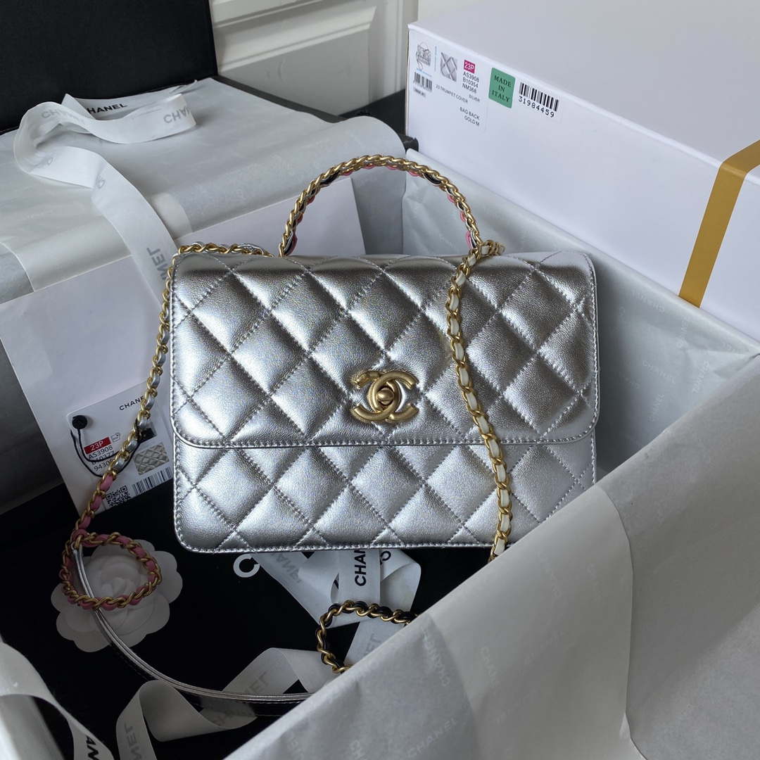 Chanel AS3908 CC Small Flap Bag With Top Handle Shiny Silver Calfskin Gold