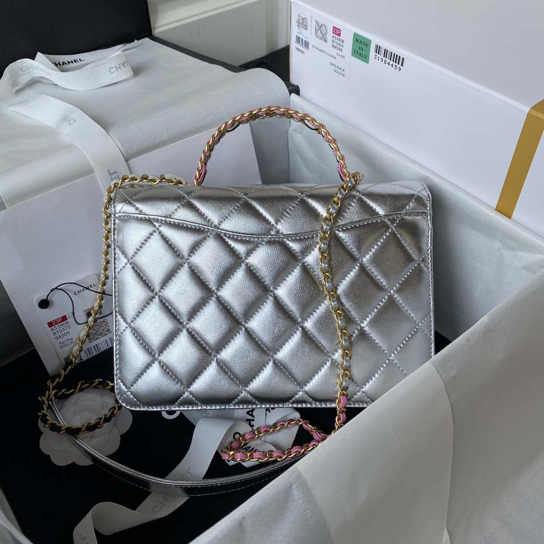 Chanel AS3908 CC Small Flap Bag With Top Handle Shiny Silver Calfskin Gold - Default Title - View 2