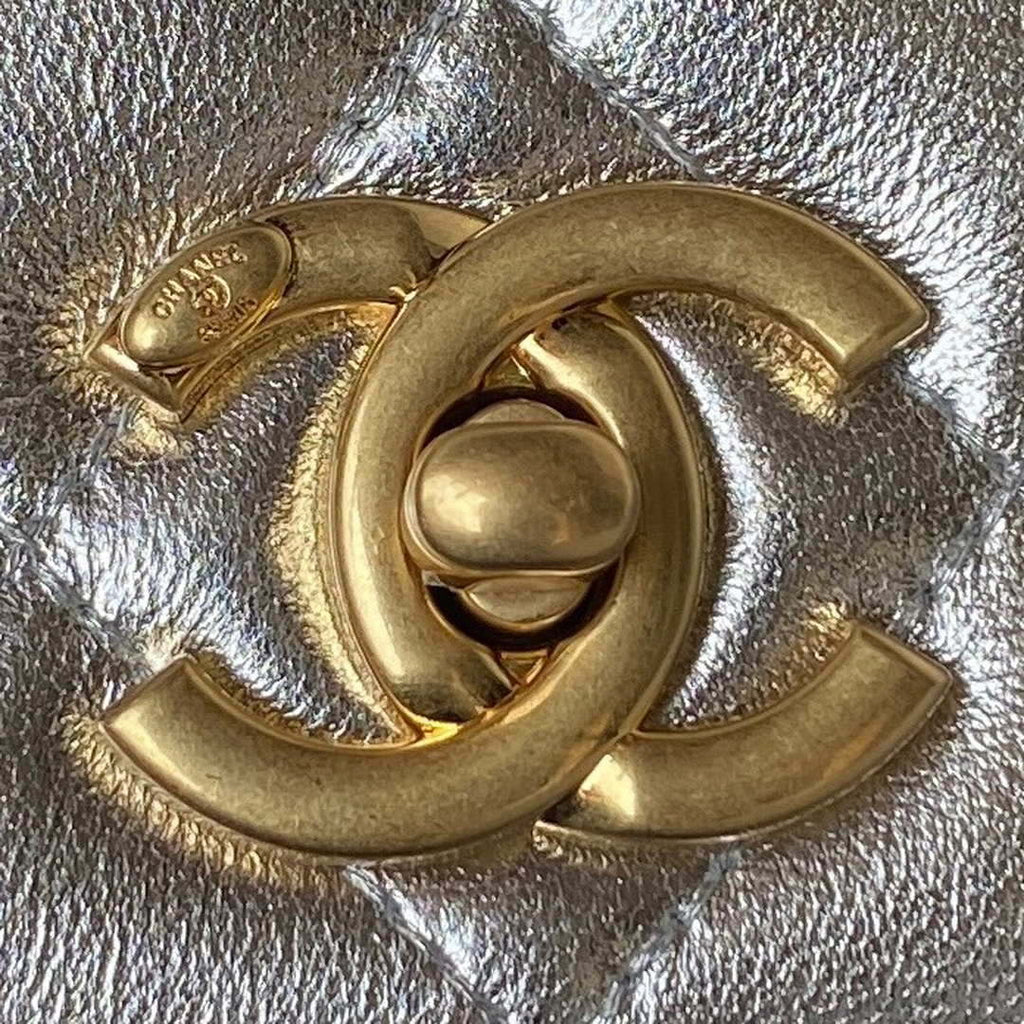 Chanel AS3908 CC Small Flap Bag With Top Handle Shiny Silver Calfskin Gold
