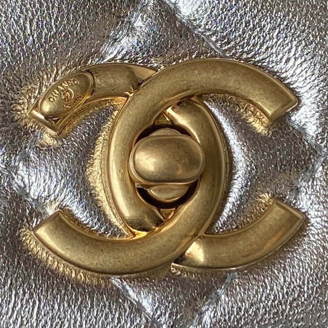 Chanel AS3908 CC Small Flap Bag With Top Handle Shiny Silver Calfskin Gold
