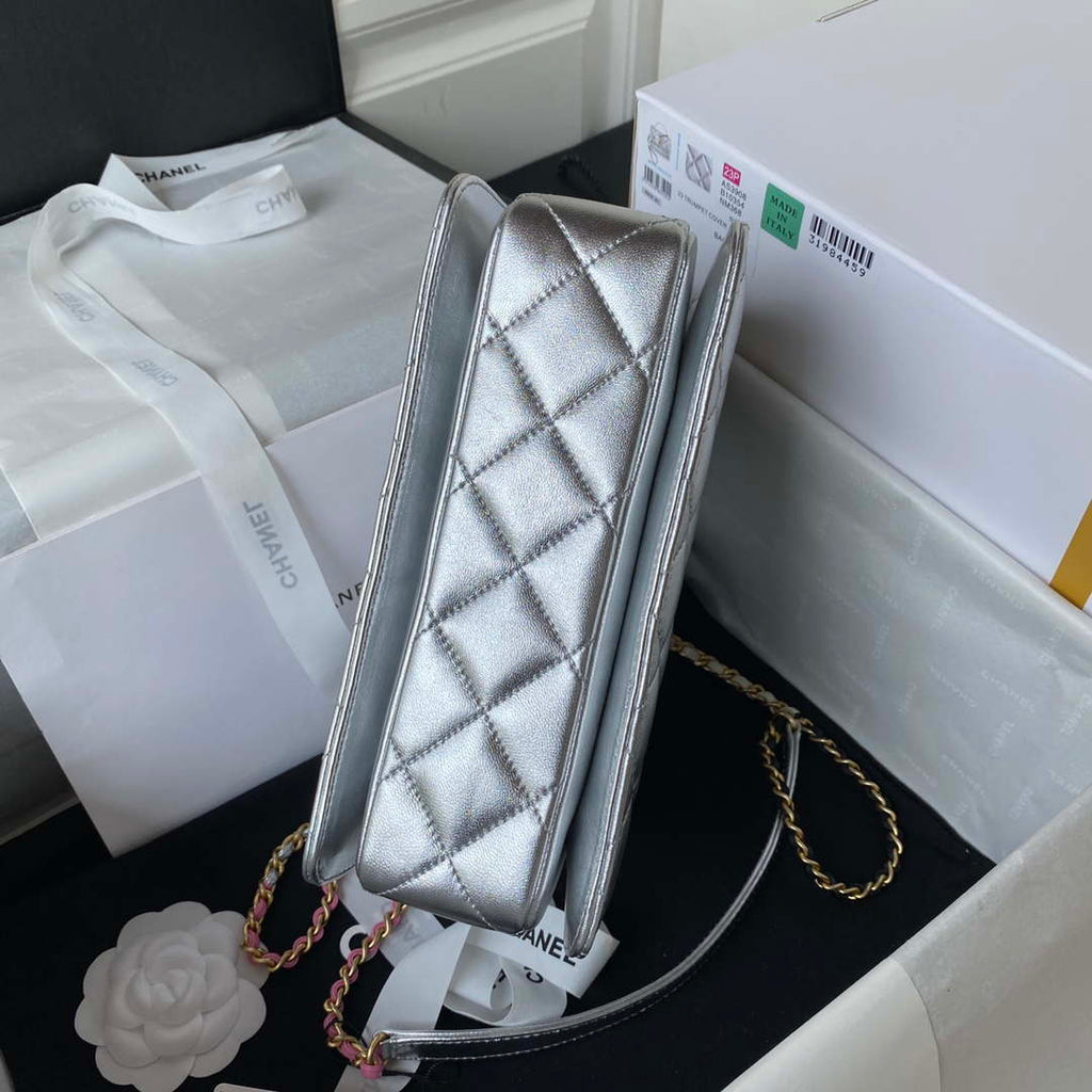 Chanel AS3908 CC Small Flap Bag With Top Handle Shiny Silver Calfskin Gold