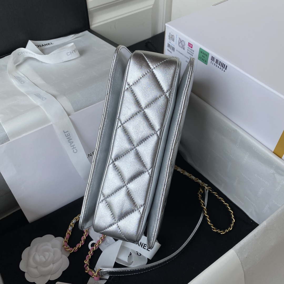 Chanel AS3908 CC Small Flap Bag With Top Handle Shiny Silver Calfskin Gold - Default Title - View 6