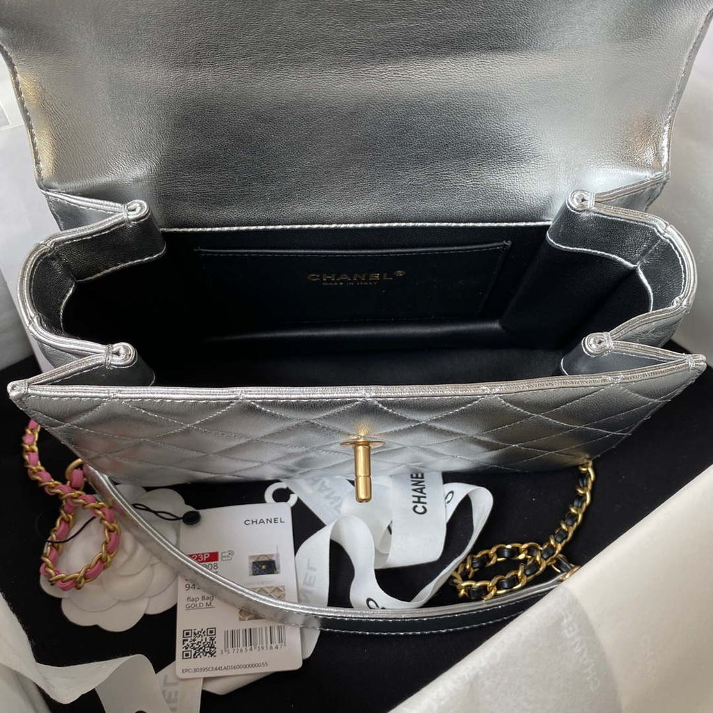 Chanel AS3908 CC Small Flap Bag With Top Handle Shiny Silver Calfskin Gold