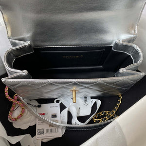 Chanel AS3908 CC Small Flap Bag With Top Handle Shiny Silver Calfskin Gold - Default Title - View 7