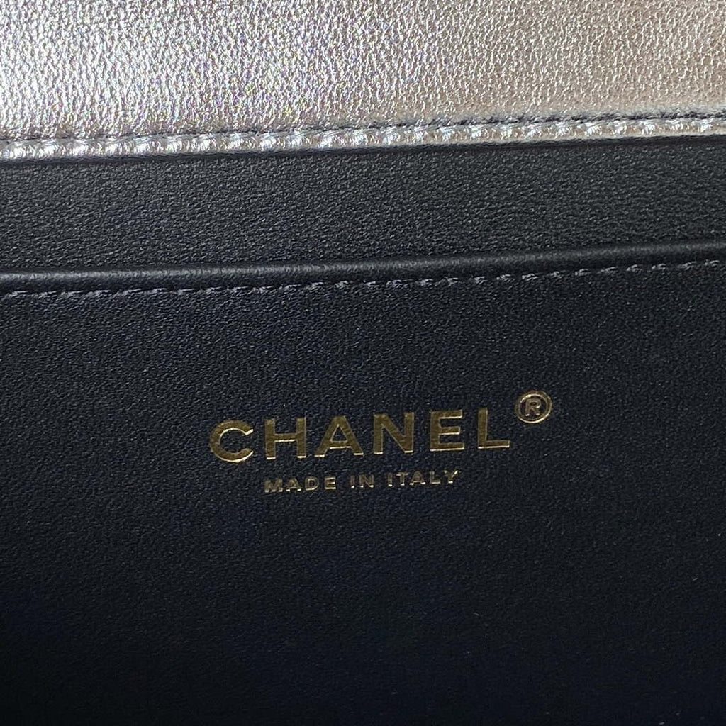 Chanel AS3908 CC Small Flap Bag With Top Handle Shiny Silver Calfskin Gold