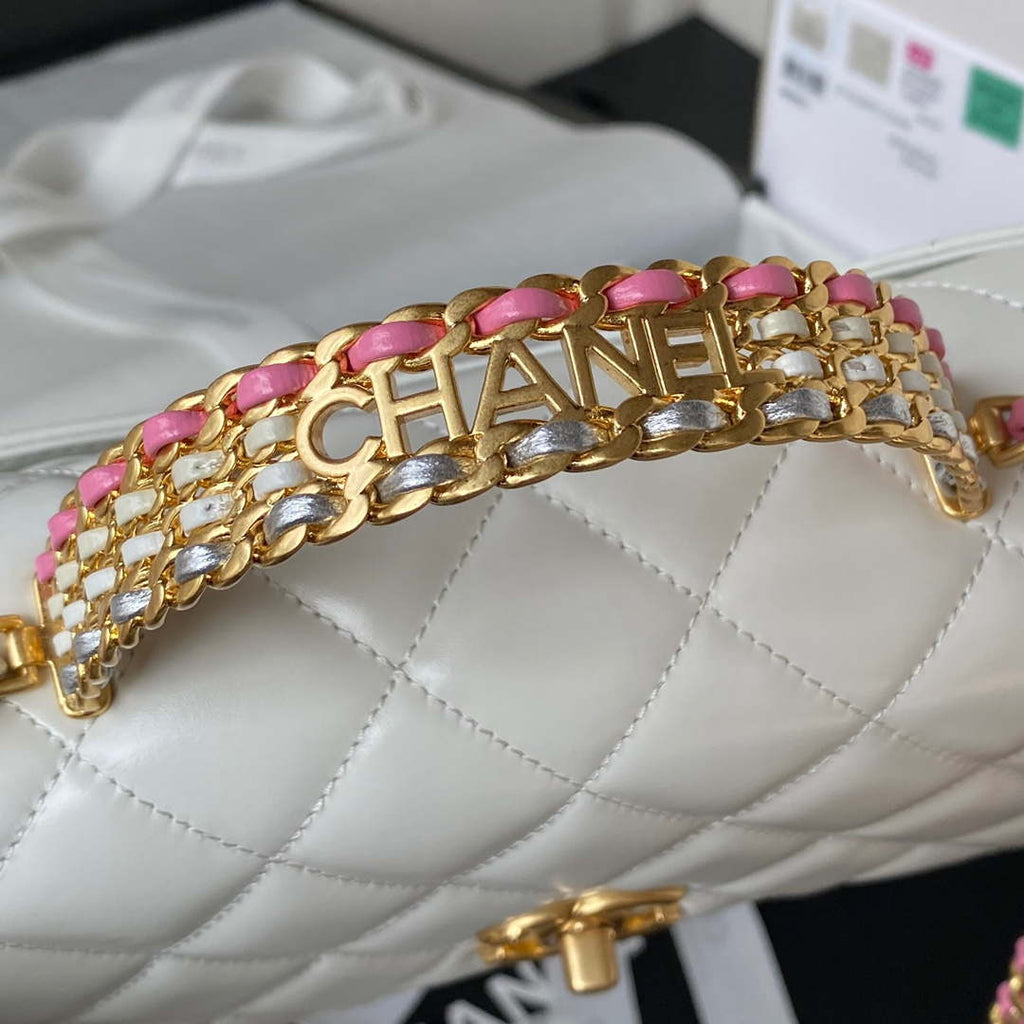 Chanel AS3908 CC Small Flap Bag With Top Handle Shiny Calfskin White Gold