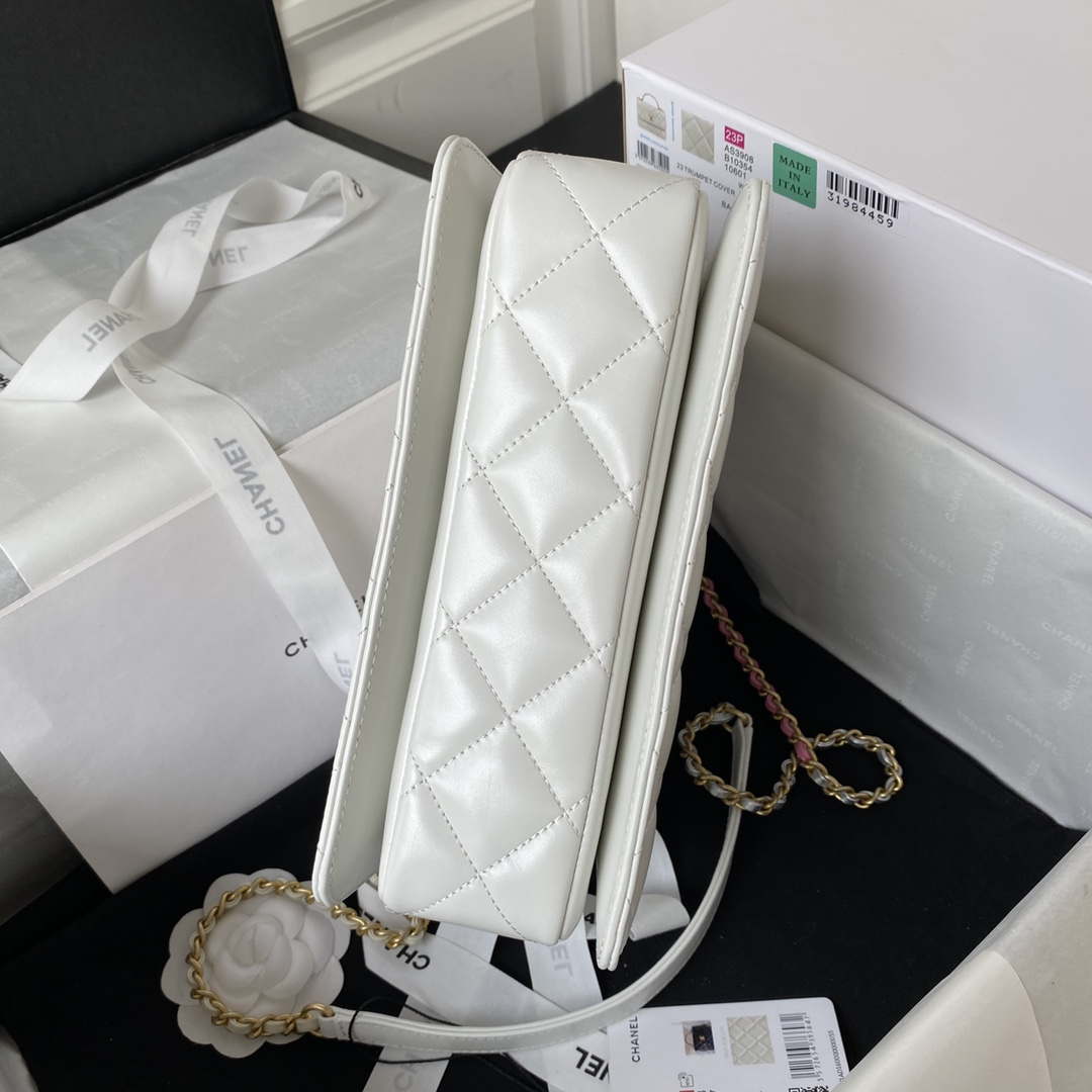 Chanel AS3908 CC Small Flap Bag With Top Handle Shiny Calfskin White Gold