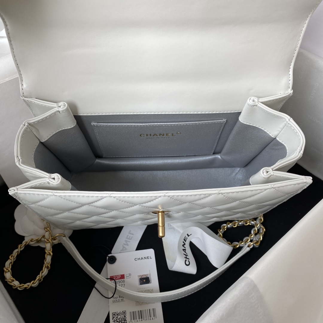 Chanel AS3908 CC Small Flap Bag With Top Handle Shiny Calfskin White Gold