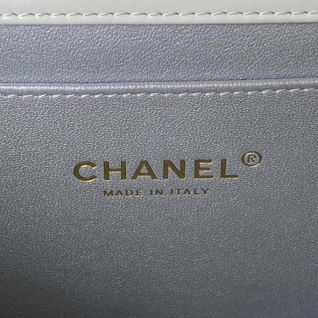 Chanel AS3908 CC Small Flap Bag With Top Handle Shiny Calfskin White Gold