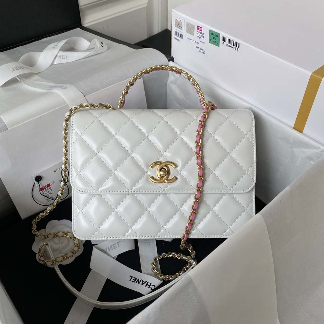 Chanel AS3908 CC Small Flap Bag With Top Handle Shiny Calfskin White Gold - Default Title - View 1
