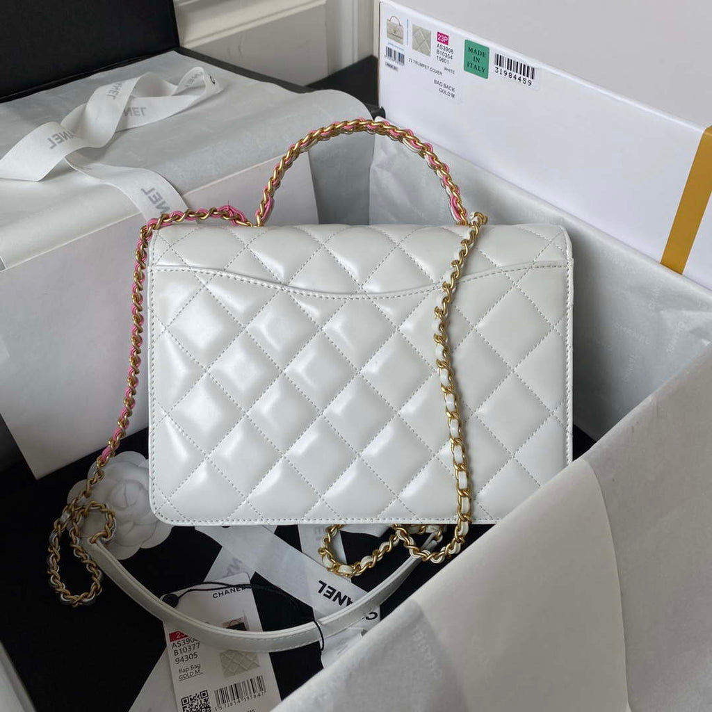 Chanel AS3908 CC Small Flap Bag With Top Handle Shiny Calfskin White Gold
