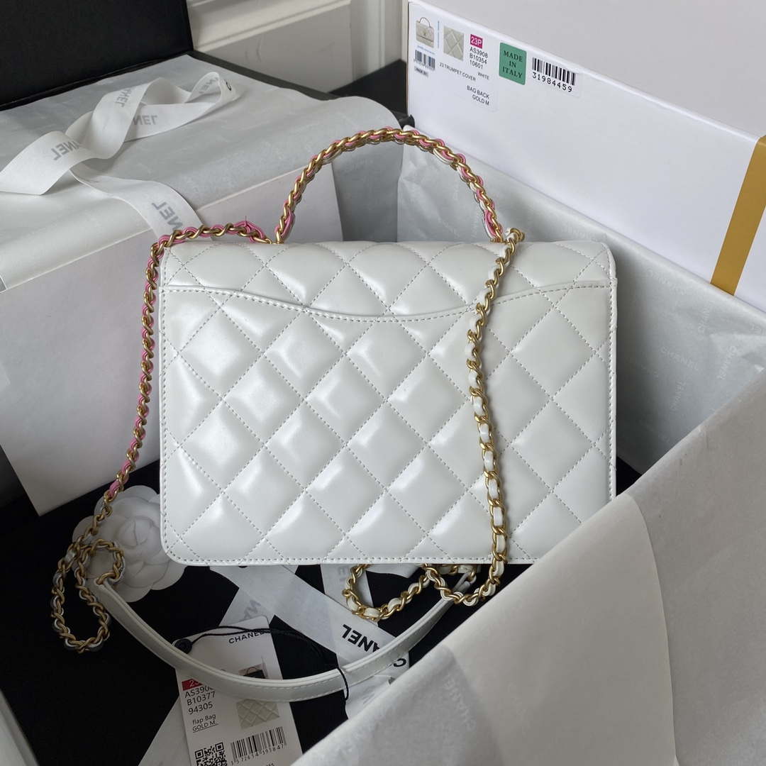Chanel AS3908 CC Small Flap Bag With Top Handle Shiny Calfskin White Gold