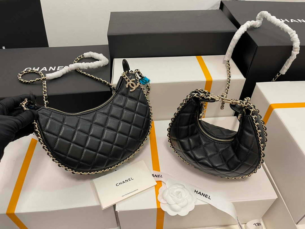 Chanel AS3917 Small Hobo Bag Lambskin & Shiny Light Gold Metal Black