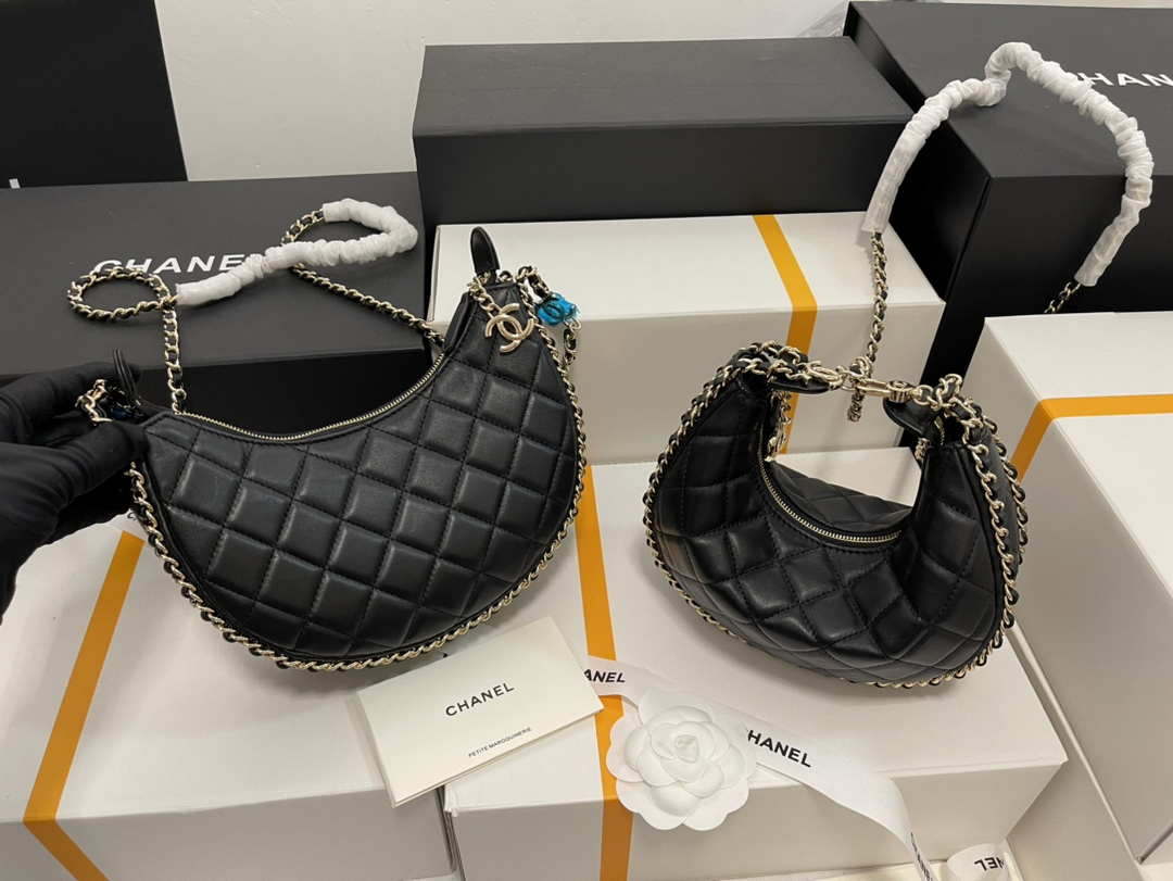 Chanel AS3917 Small Hobo Bag Lambskin & Shiny Light Gold Metal Black - Default Title - View 1