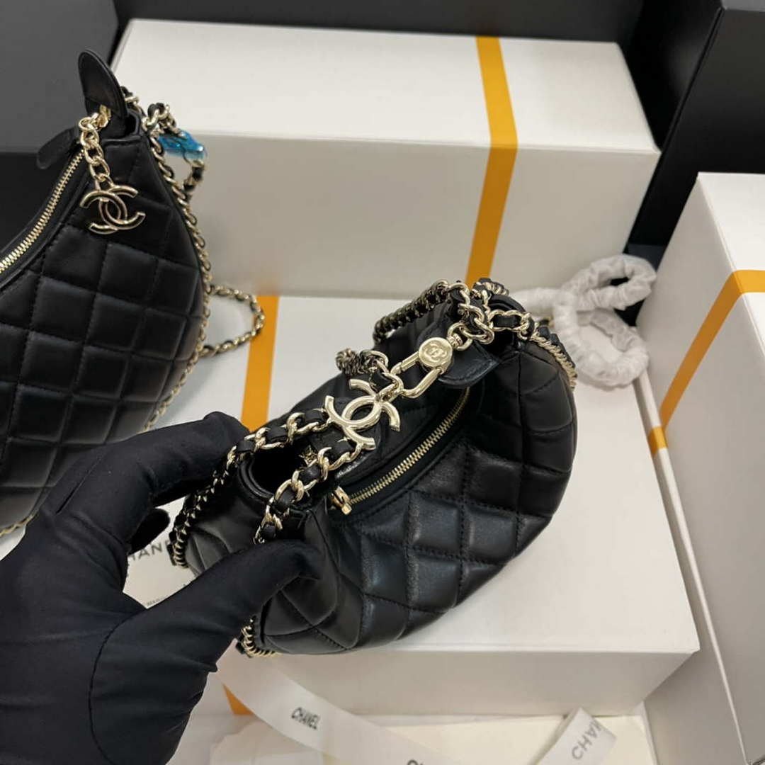 Chanel AS3917 Small Hobo Bag Lambskin & Shiny Light Gold Metal Black - Default Title - View 2