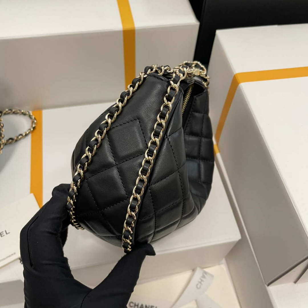 Chanel AS3917 Small Hobo Bag Lambskin & Shiny Light Gold Metal Black