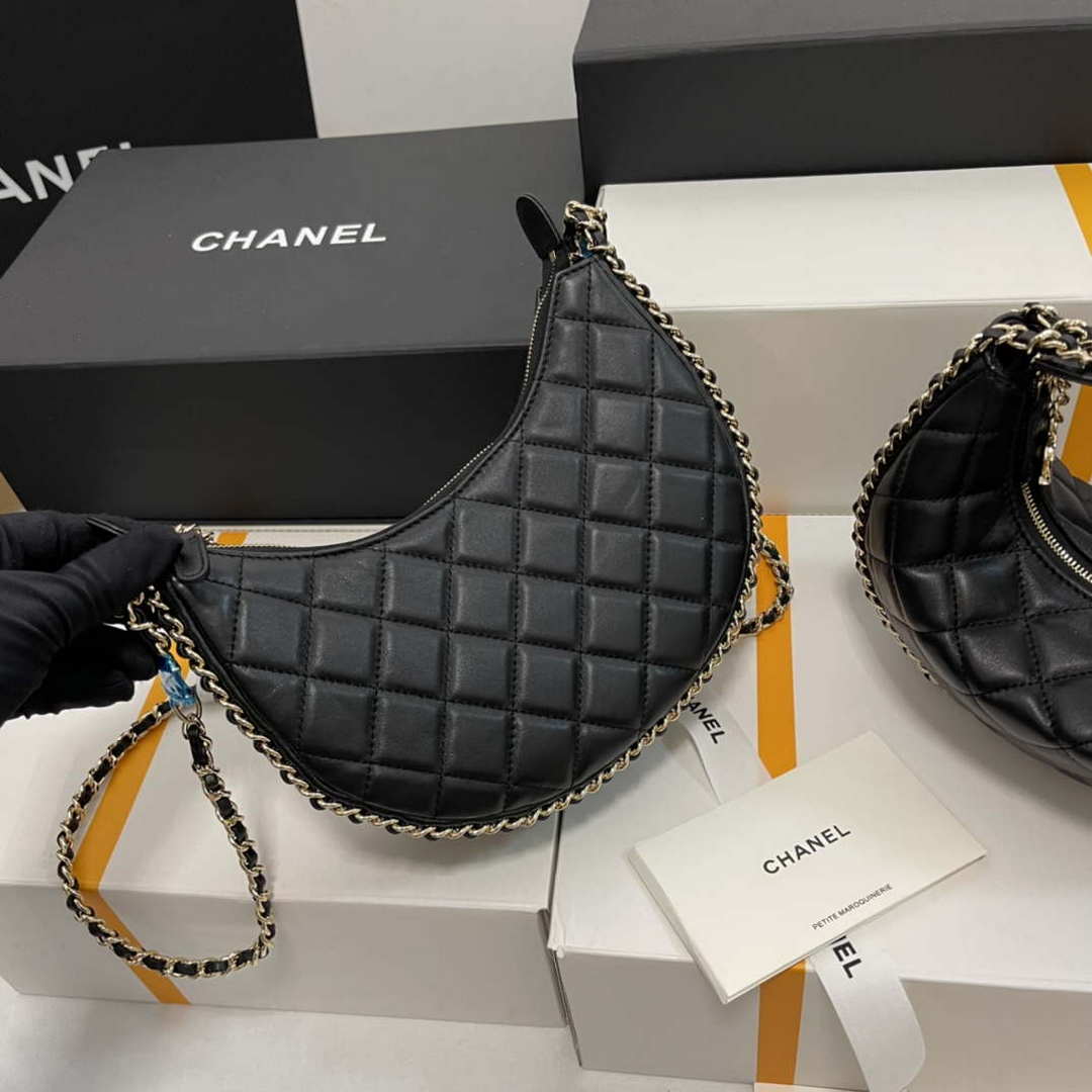 Chanel AS3917 Small Hobo Bag Lambskin & Shiny Light Gold Metal Black