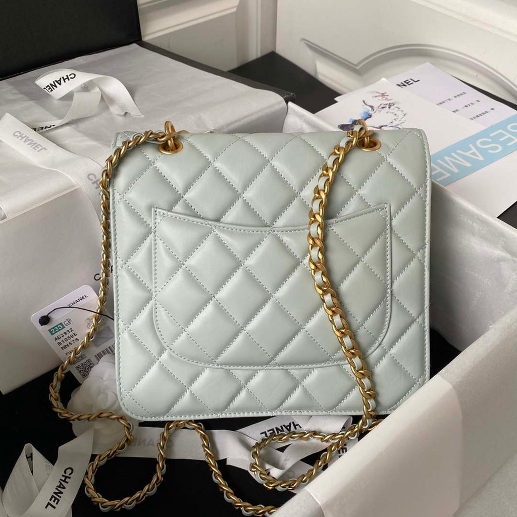 Chanel AS3932 Flap Classic Bag CF Lambskin Light Blue Gold