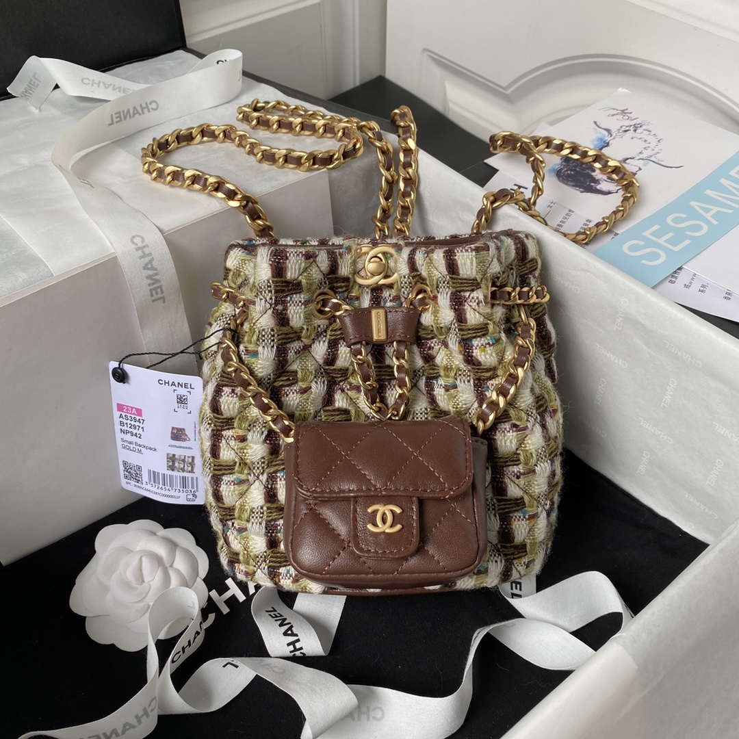Chanel AS3947 Small Backpack Wool Tweed Lambski & Gold-Tone Metal Brown - Default Title - View 1