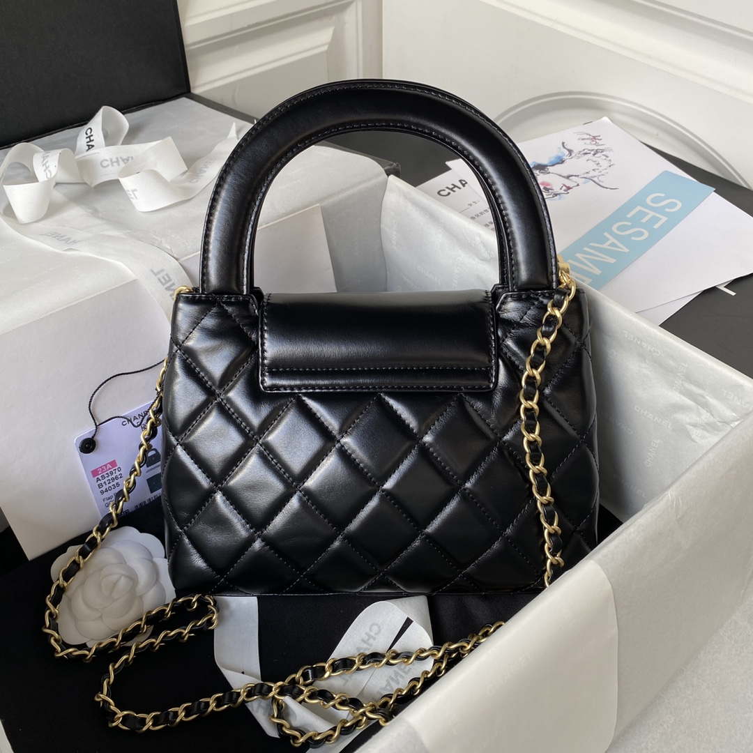 Chanel AS3970 Flap Bag with top handle Lambskin gold tone metal Black