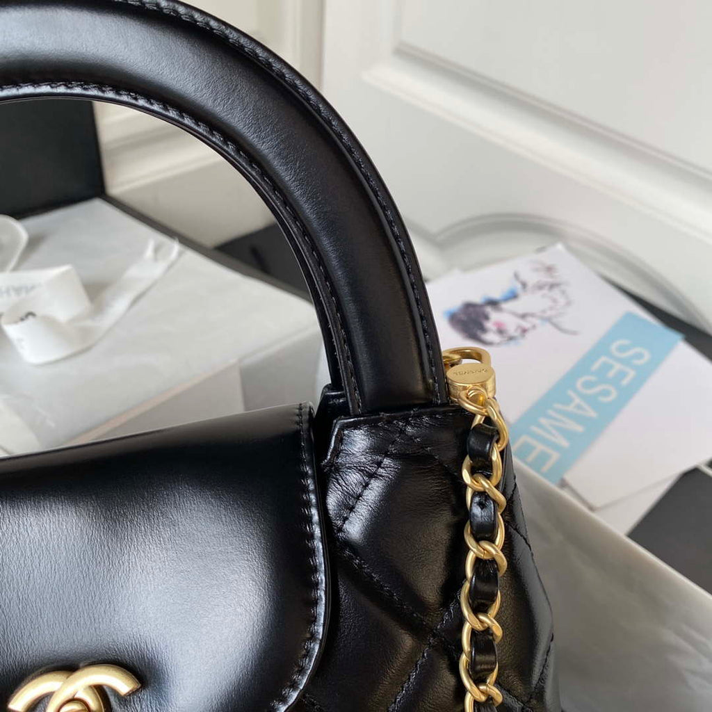 Chanel AS3970 Flap Bag with top handle Lambskin gold tone metal Black