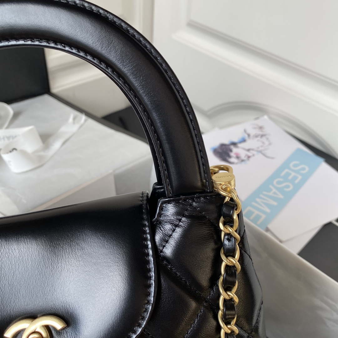 Chanel AS3970 Flap Bag with top handle Lambskin gold tone metal Black
