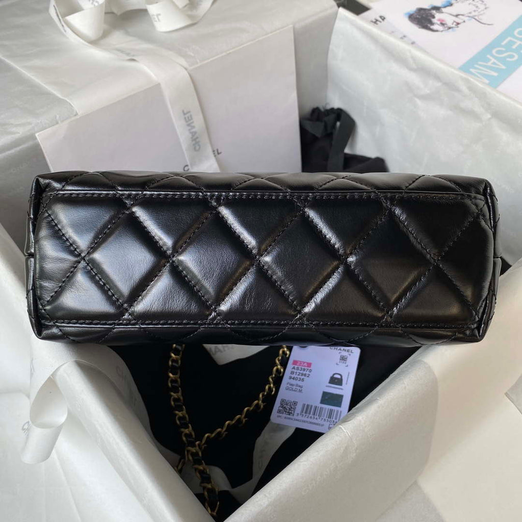 Chanel AS3970 Flap Bag with top handle Lambskin gold tone metal Black