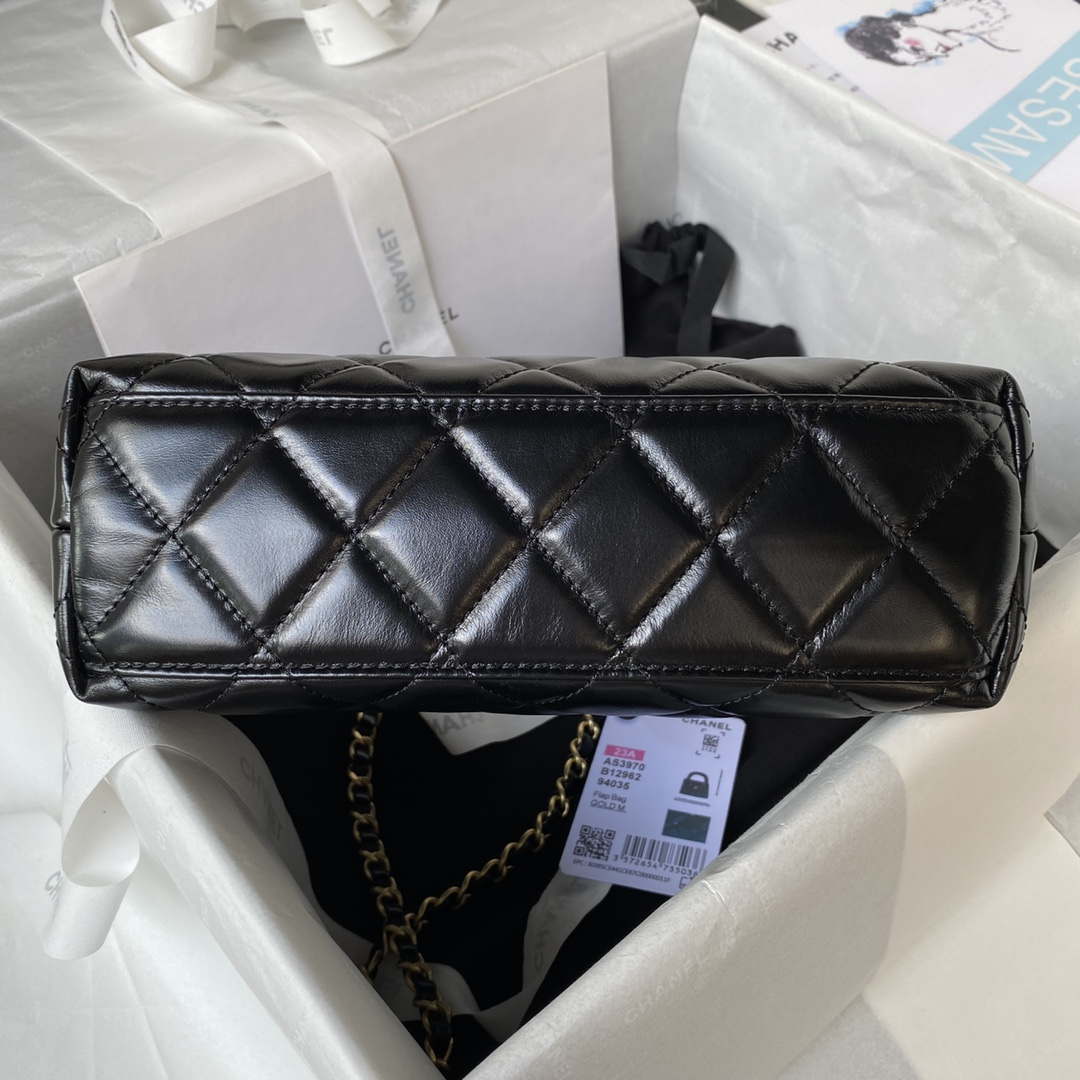 Chanel AS3970 Flap Bag with top handle Lambskin gold tone metal Black