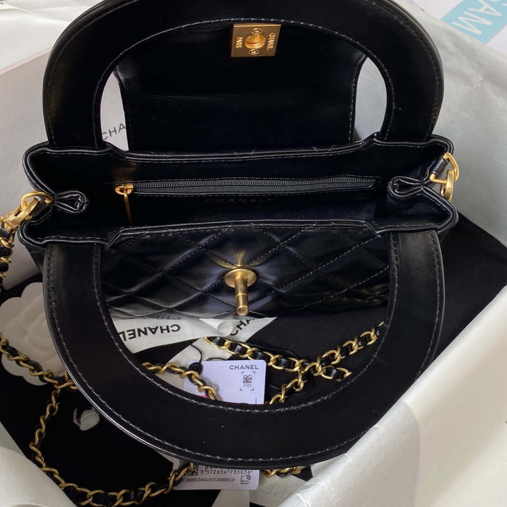 Chanel AS3970 Flap Bag with top handle Lambskin gold tone metal Black