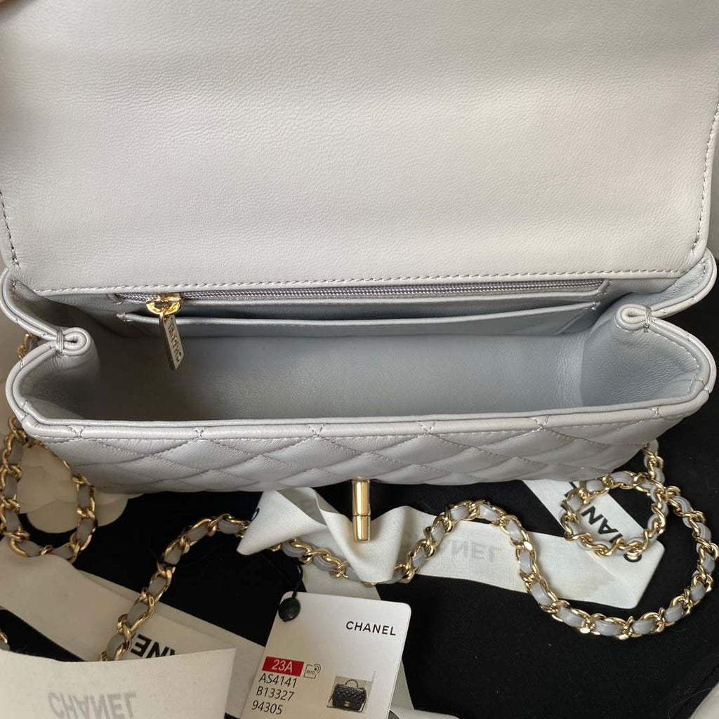 Chanel AS4141 Camellia Embossed With top Handle Bag Gray