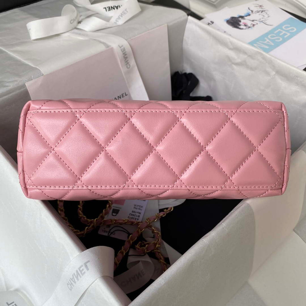 Chanel AS3970 Flap Bag with top handle Lambskin gold tone metal Pink