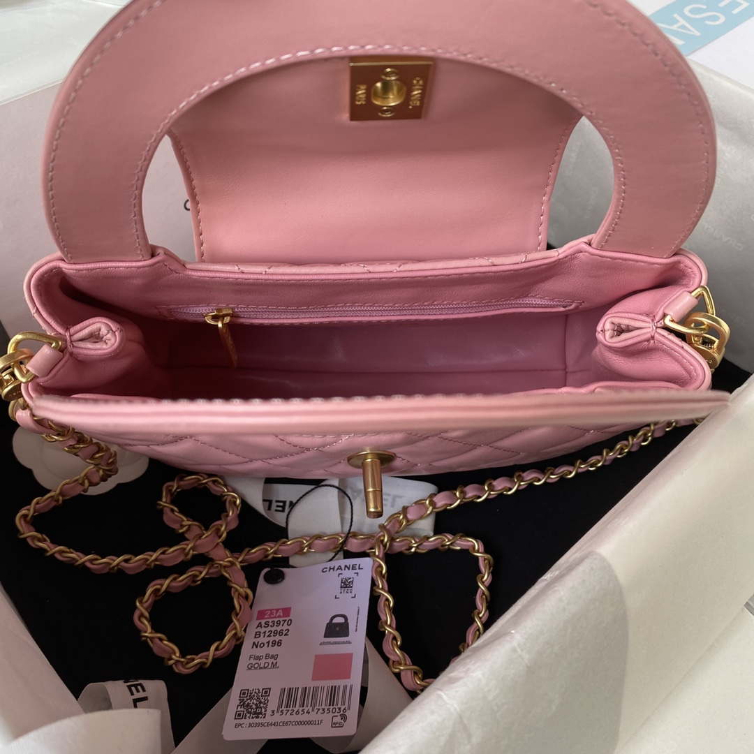 Chanel AS3970 Flap Bag with top handle Lambskin gold tone metal Pink - Default Title - View 6