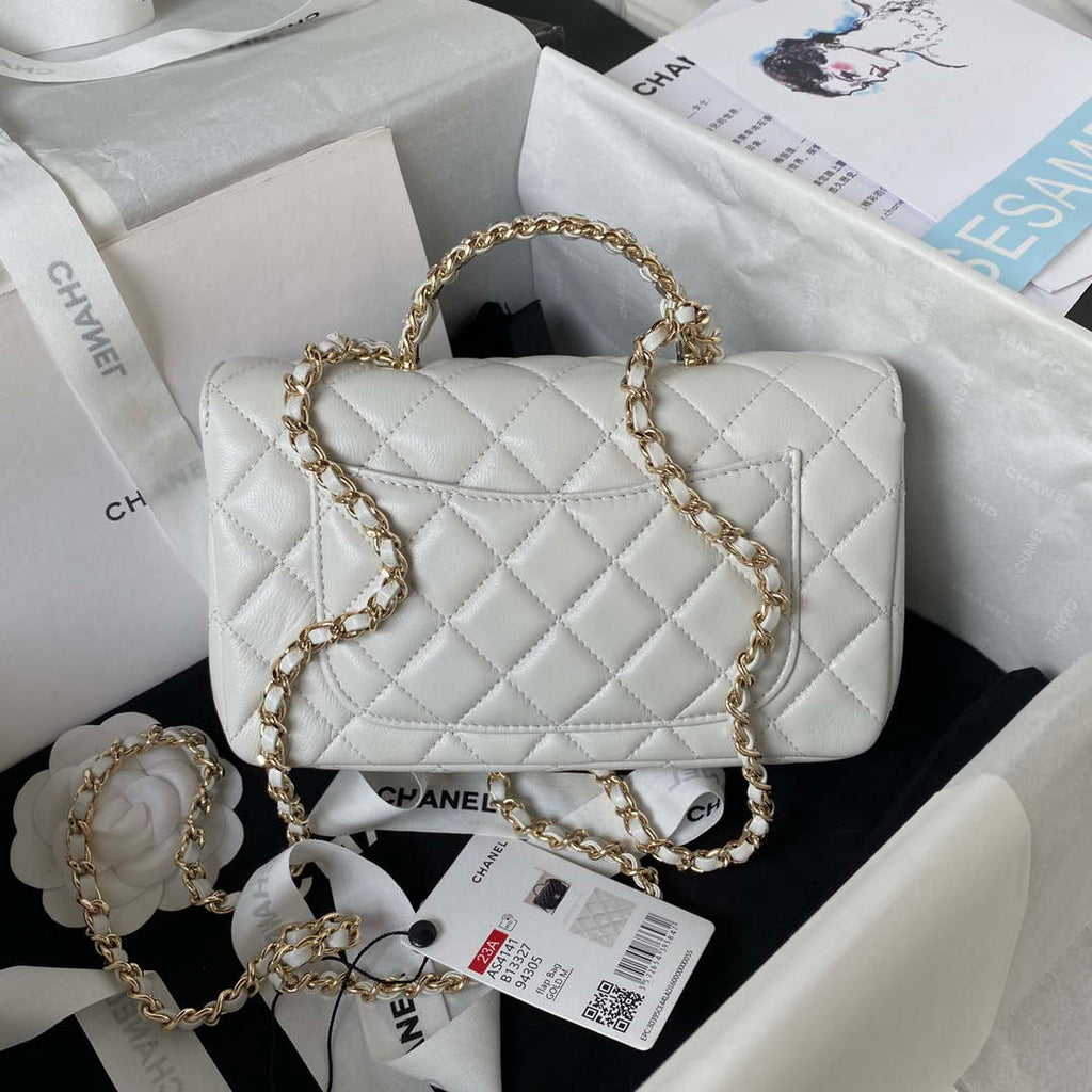 Chanel AS4141 Camellia Embossed With top Handle Bag White