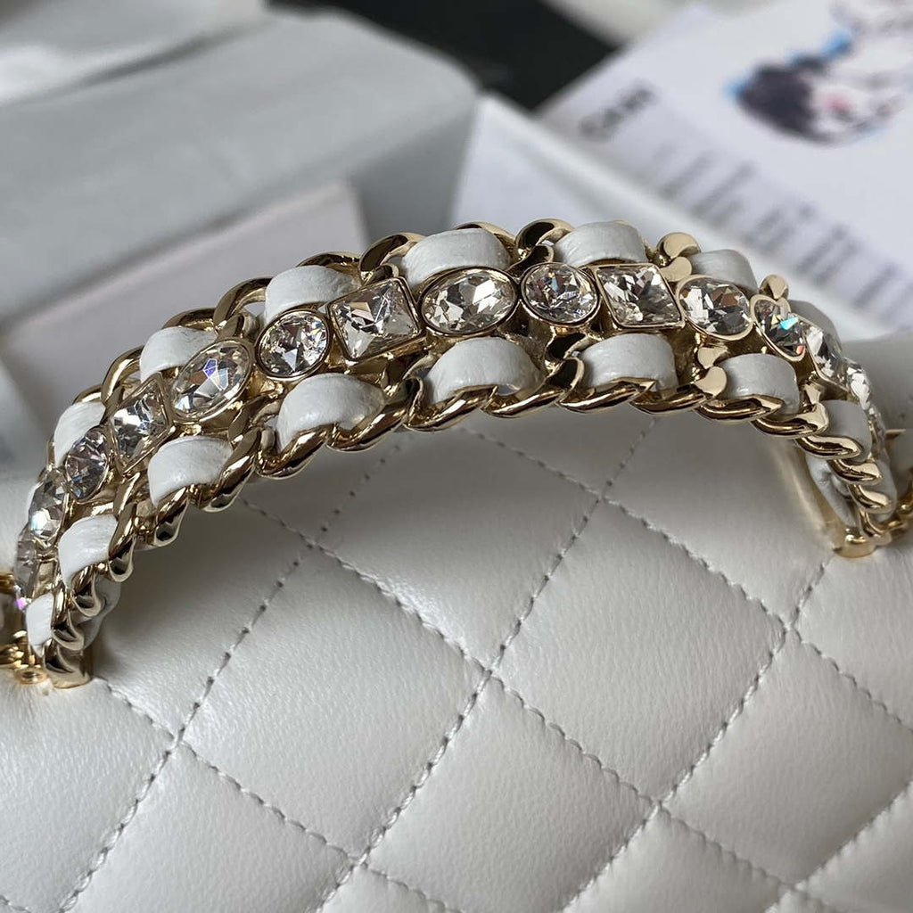 Chanel AS4141 Camellia Embossed With top Handle Bag White