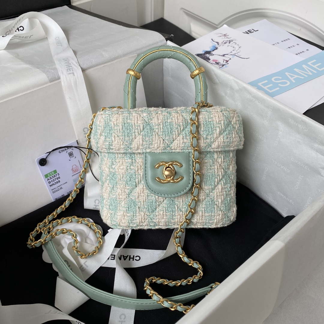 Chanel AS3973 Small Vanity Case Tweed Lambskin & Gold Metal Green & White - Default Title - View 1