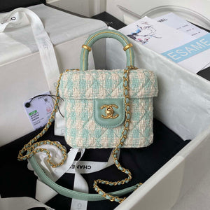 Chanel AS3973 Small Vanity Case Tweed Lambskin & Gold Metal Green & White - Default Title - View 1