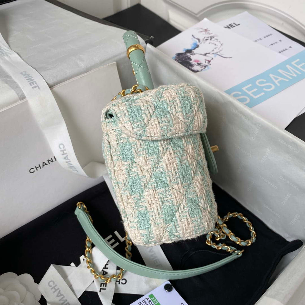 Chanel AS3973 Small Vanity Case Tweed Lambskin & Gold Metal Green & White