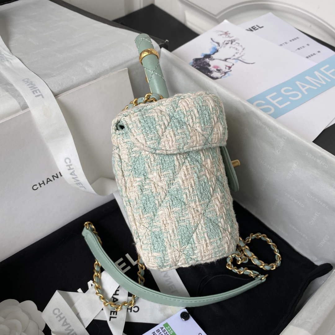 Chanel AS3973 Small Vanity Case Tweed Lambskin & Gold Metal Green & White